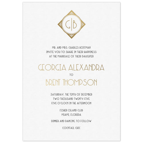 a white paper invitation featuring a gold monogram at the top and an art deco style gold and black font 