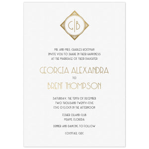 a white paper invitation featuring a gold monogram at the top and an art deco style gold and black font 