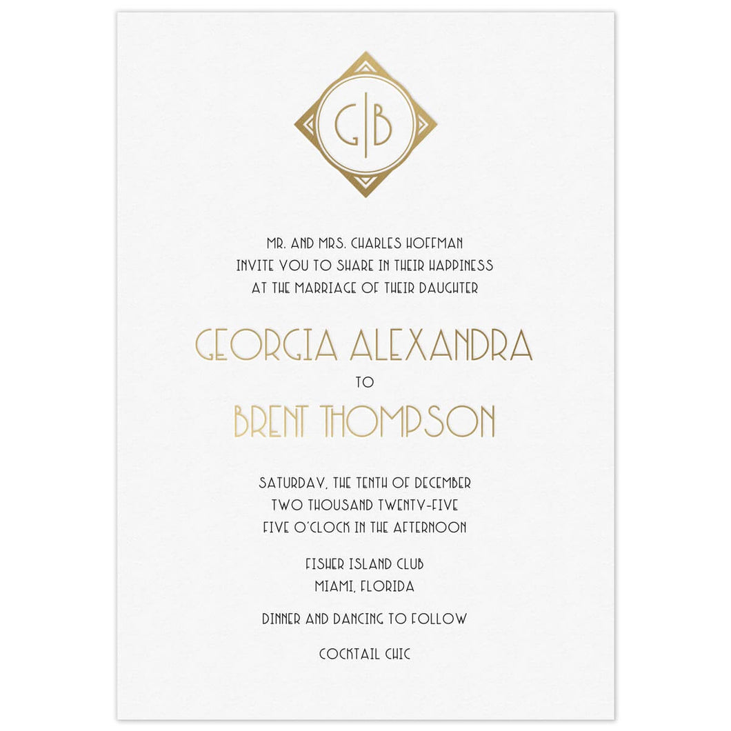 a white paper invitation featuring a gold monogram at the top and an art deco style gold and black font 