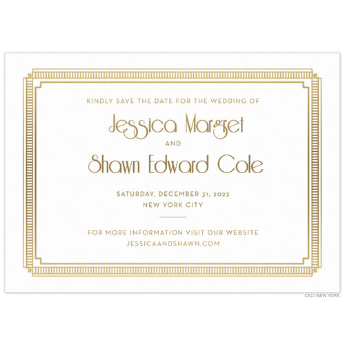 White save the date with deco line border in gold foil. San serif font and deco font centered on the card in gold foil.