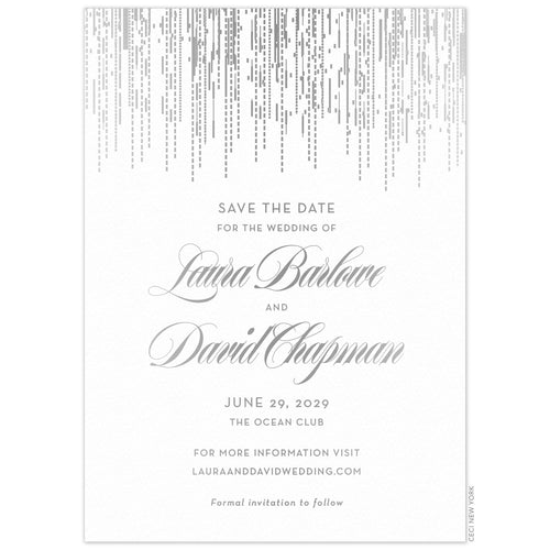 Dripping lines in silver foil coming down the top of the card. Block font and script font centered on the card in silver foil.