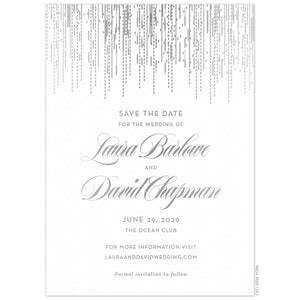 Dripping lines in silver foil coming down the top of the card. Block font and script font centered on the card in silver foil.