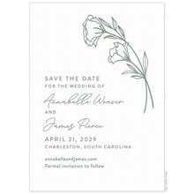Load image into Gallery viewer, Save the date with simple drawn floral stems floating in the top right corner in sage green. Left aligned text in script and block fonts in sage green.