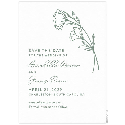 Save the date with simple drawn floral stems floating in the top right corner in sage green. Left aligned text in script and block fonts in sage green.