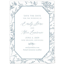 Load image into Gallery viewer, White card with octagon shape and thinly drawn flowers on the boarder in slate blue.  Block and script font centered on the card in slate blue. 