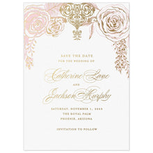 Load image into Gallery viewer, White invitation card with pink and gold roses, florals and an ornate scroll at the top of the card. Block and script text centered on the page.