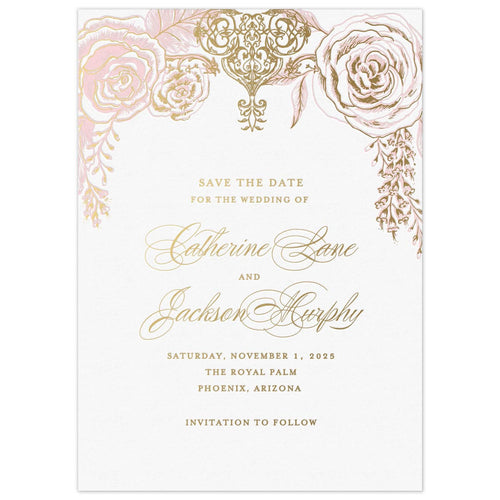 White invitation card with pink and gold roses, florals and an ornate scroll at the top of the card. Block and script text centered on the page.