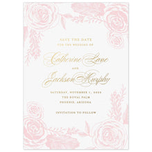 Load image into Gallery viewer, White paper save the date with block and script font in gold foil, a border of pink garden roses.