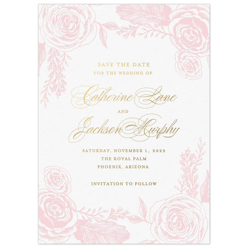 White paper save the date with block and script font in gold foil, a border of pink garden roses.