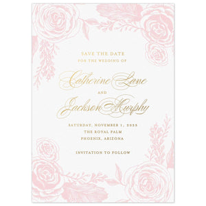 White paper save the date with block and script font in gold foil, a border of pink garden roses.