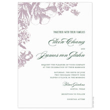 Load image into Gallery viewer, White invitation with dusty purple florals on the top left corner. Dark green block and script text right aligned.