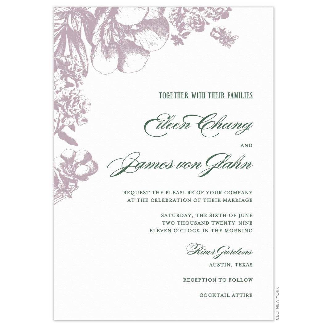 White invitation with dusty purple florals on the top left corner. Dark green block and script text right aligned.