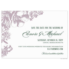 Load image into Gallery viewer, White save the date with dusty purple florals on the top left corner and down the left side of the card. Dark green block and script text right aligned.