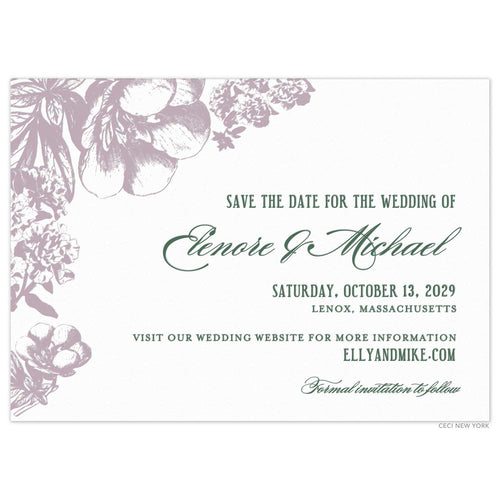 White save the date with dusty purple florals on the top left corner and down the left side of the card. Dark green block and script text right aligned.