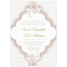 Load image into Gallery viewer, White invitation with lace trim triangle, adorned with flowers and leaves. A subtle lace pattern lays behind trim. Block and script font centered in the triangle.