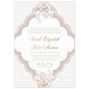 White invitation with lace trim triangle, adorned with flowers and leaves. A subtle lace pattern lays behind trim. Block and script font centered in the triangle.