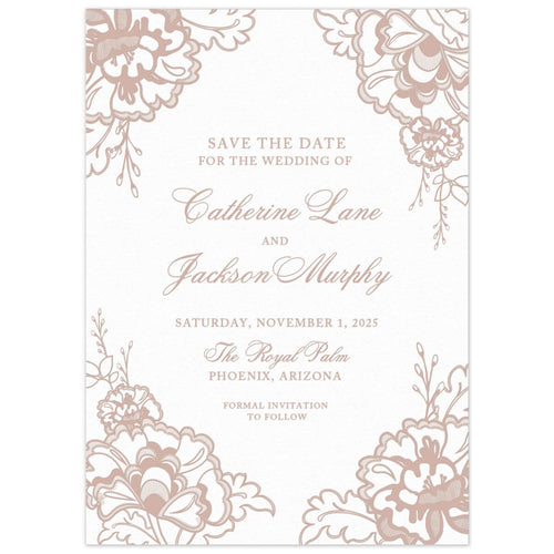 White save the date with corners adorned with flowers and leaves. Block and script font centered on the card.
