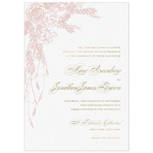 Load image into Gallery viewer, a white paper invitation with pink floral and botanical design on top left corner and gold script and block font