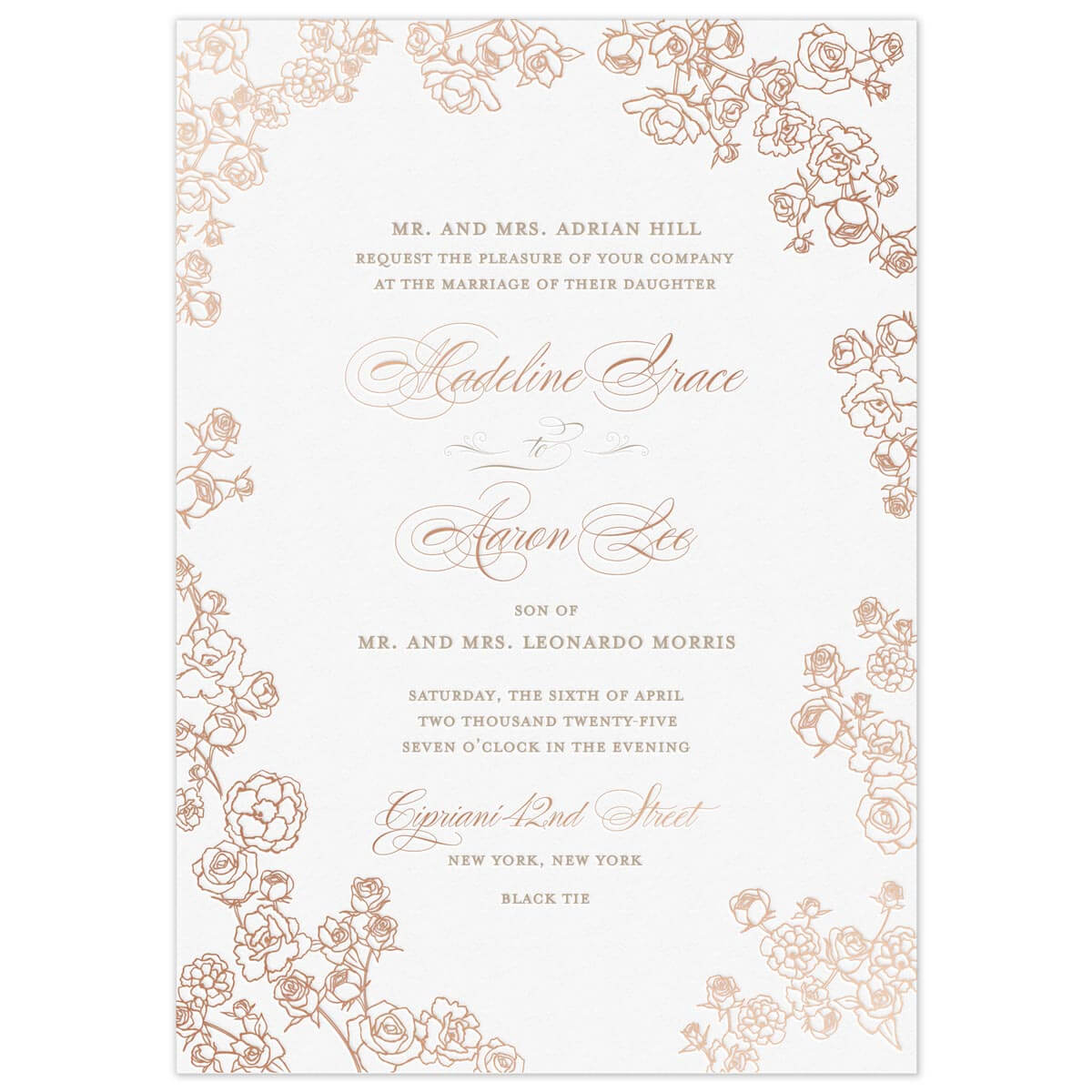 Rose gold petite rose bunches bordering the card. Block and script font centered on the white page.