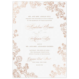 Rose gold petite rose bunches bordering the card. Block and script font centered on the white page.