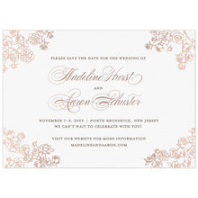 Load image into Gallery viewer, Petite rose bunches on all four corners in rose gold foil. Grey block font and rose gold script font centered on the page.