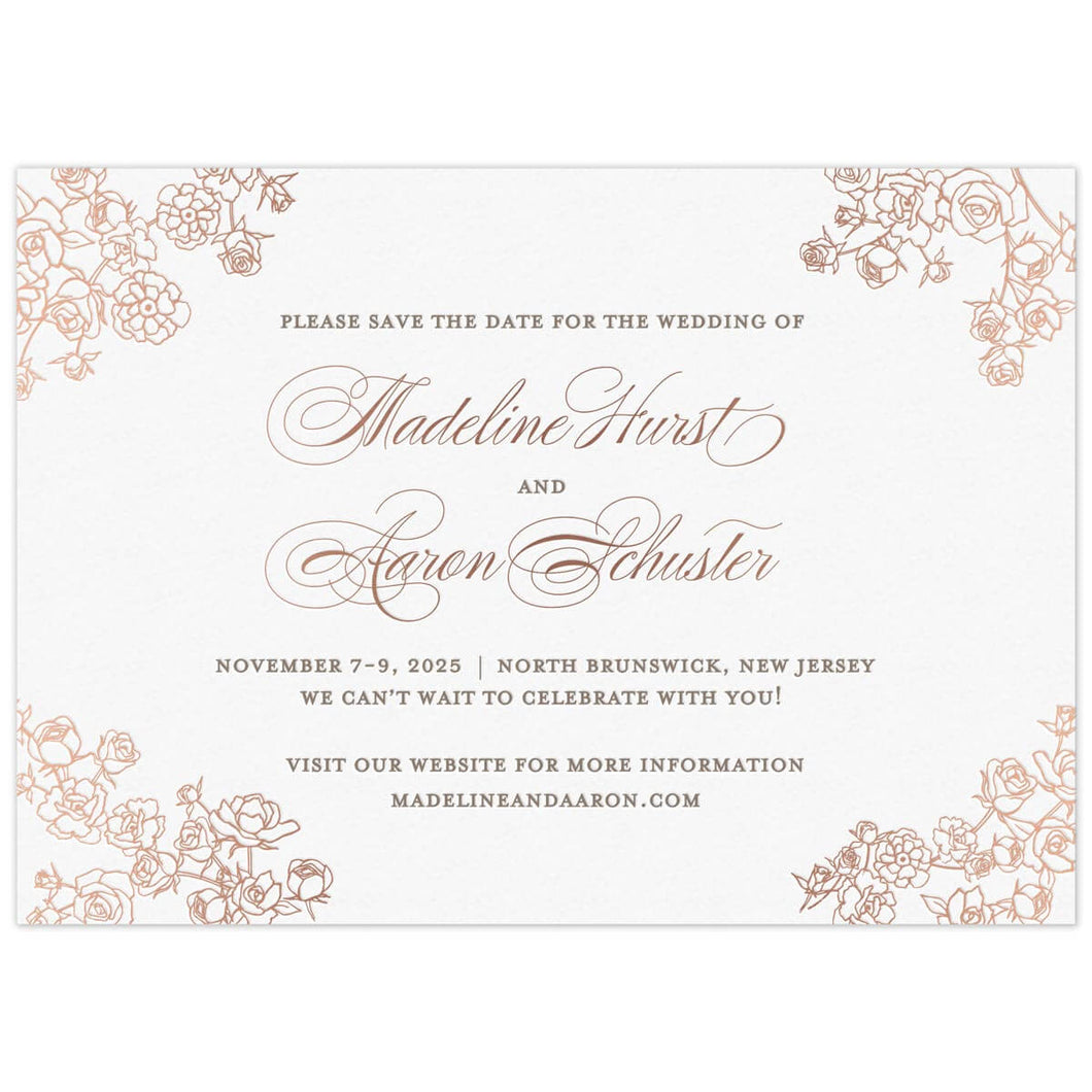 Petite rose bunches on all four corners in rose gold foil. Grey block font and rose gold script font centered on the page.