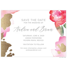 Load image into Gallery viewer, White save the date with pink watercolor spots, a pink watercolor flower shape, gold splotches on the sides, grey san-serif and script font.