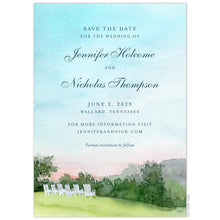Load image into Gallery viewer, Watercolor, sky, hill and bush scene with six white country chairs. Navy block and script font centered on the card. 