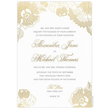 Load image into Gallery viewer, a white paper invitation with gold floral lace designs on top and bottom corners and gold script with black block font