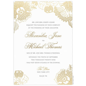 a white paper invitation with gold floral lace designs on top and bottom corners and gold script with black block font