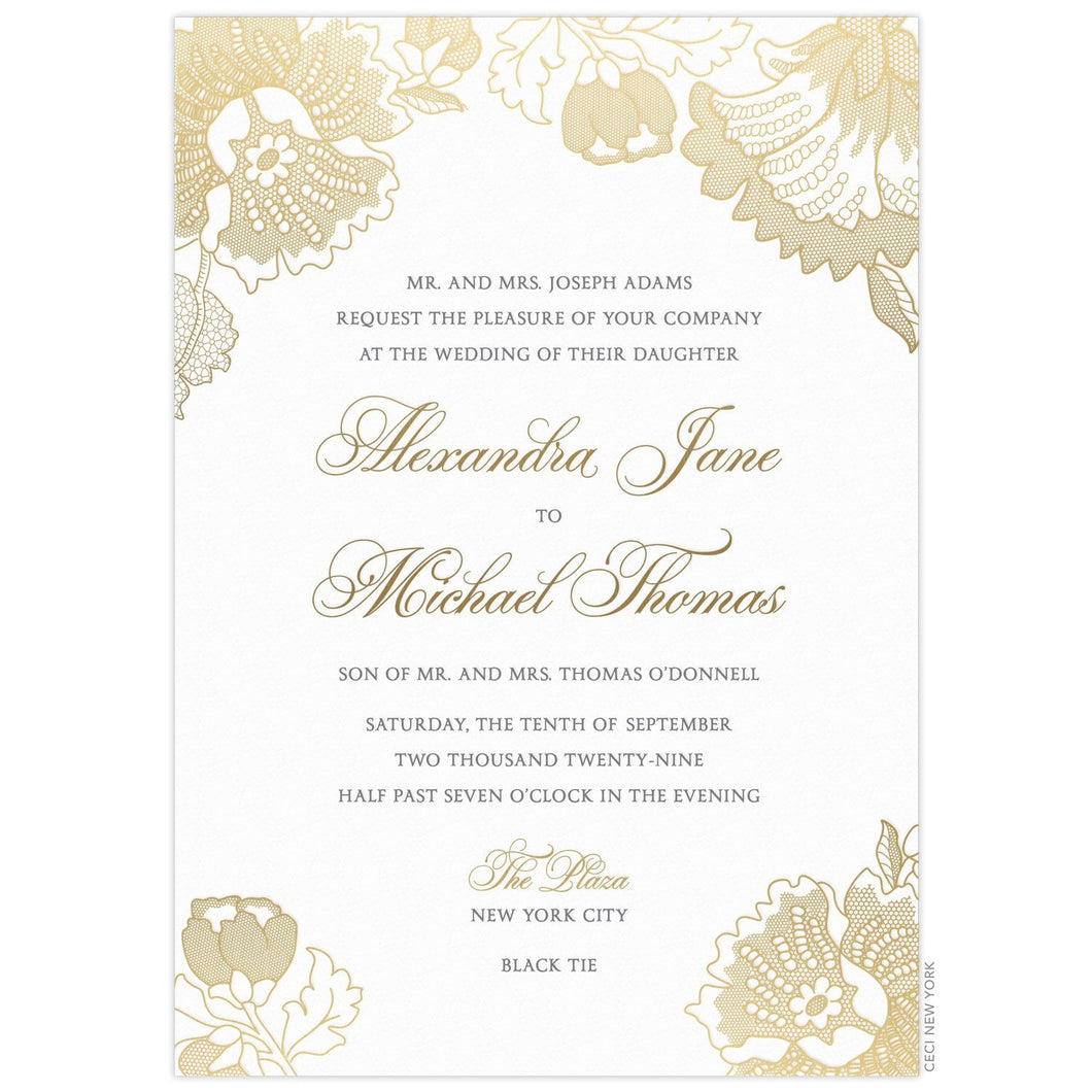 a white paper invitation with gold floral lace designs on top and bottom corners and gold script with black block font