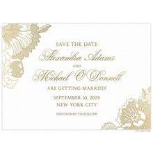 Load image into Gallery viewer, a white paper save the date with gold floral design on top left and bottom right corner with gold block and script font