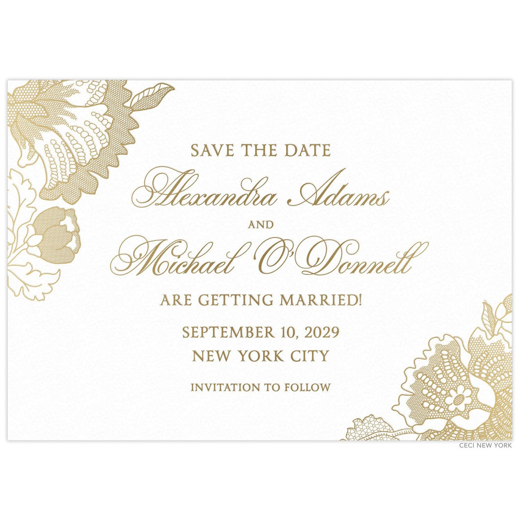 a white paper save the date with gold floral design on top left and bottom right corner with gold block and script font