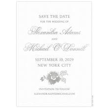 Load image into Gallery viewer, a white paper save the date with gray script and block font and floral design