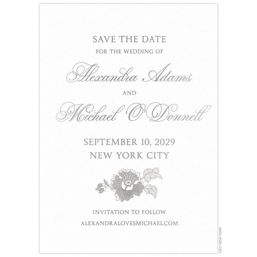 a white paper save the date with gray script and block font and floral design