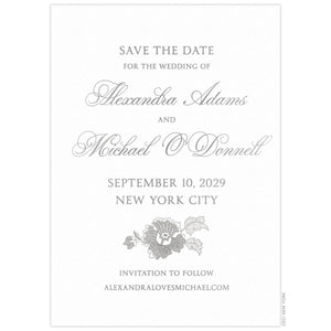 a white paper save the date with gray script and block font and floral design