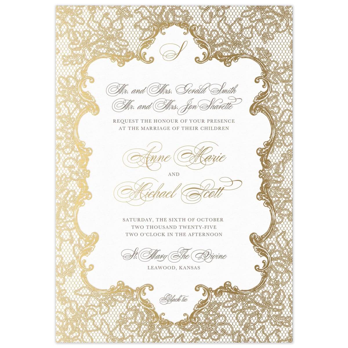 a white paper invitation with gold lace borders and monogram with gold and gray script and block font
