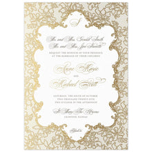 Load image into Gallery viewer, a white paper invitation with gold lace borders and monogram with gold and gray script and block font