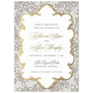 Lace pattern on the whole card, gold frame holding the block and script text. 