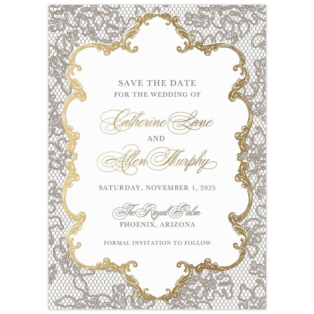 Lace pattern on the whole card, gold frame holding the block and script text. 