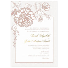 Load image into Gallery viewer, Lace detail on the background of the card with a large lace flower on the top left corner. A white box holding right aligned block and script copy.