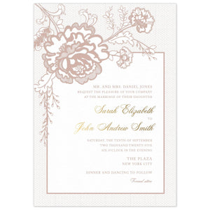 Lace detail on the background of the card with a large lace flower on the top left corner. A white box holding right aligned block and script copy.