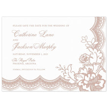 Load image into Gallery viewer, Scalloped lace trim on the bottom and right side of the page with lace flower and leaves in the bottom right corner. Block and script font left aligned in dusty blush.