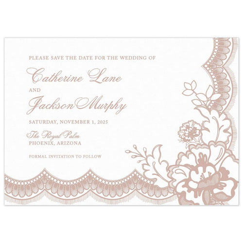 Scalloped lace trim on the bottom and right side of the page with lace flower and leaves in the bottom right corner. Block and script font left aligned in dusty blush.