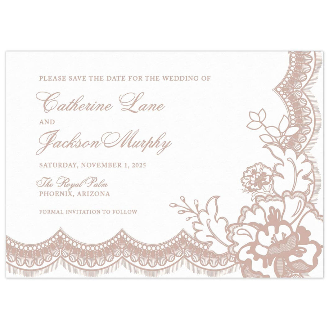 Scalloped lace trim on the bottom and right side of the page with lace flower and leaves in the bottom right corner. Block and script font left aligned in dusty blush.
