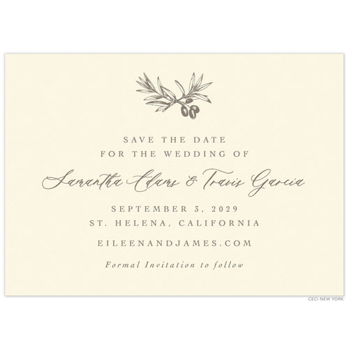 Olive motif at the top of an ecru card. Block and script font centered on a horizontal card.
