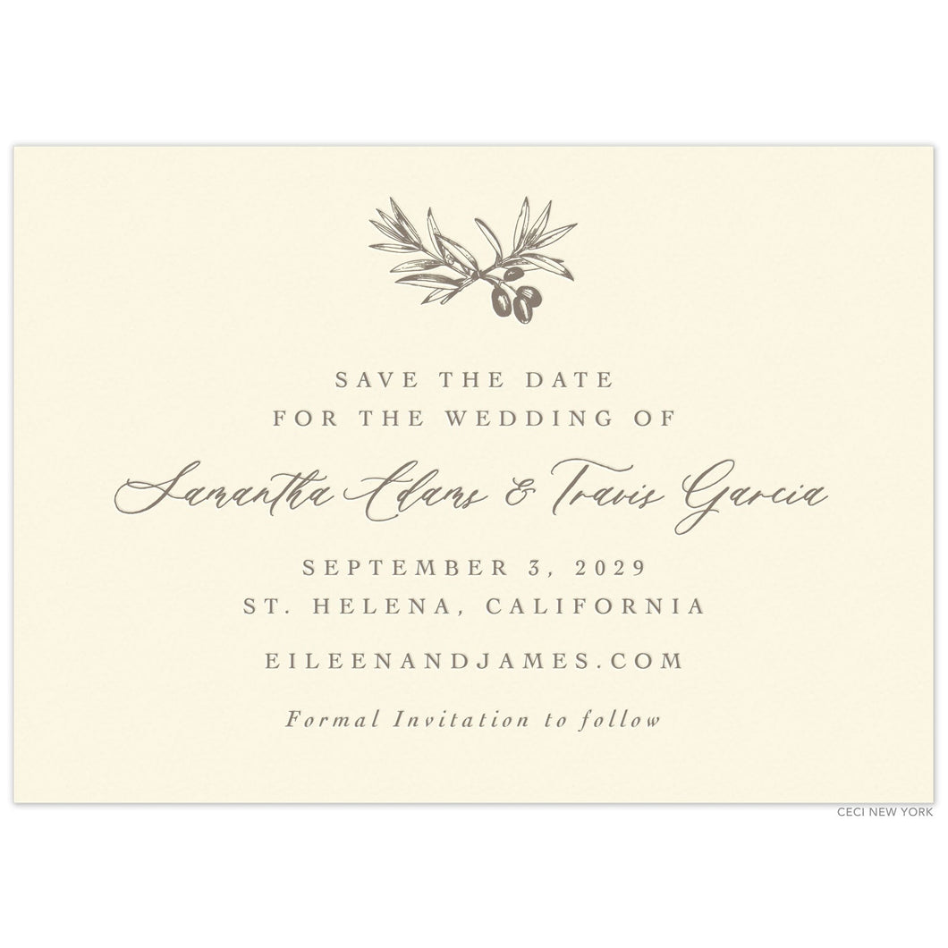 Olive motif at the top of an ecru card. Block and script font centered on a horizontal card.