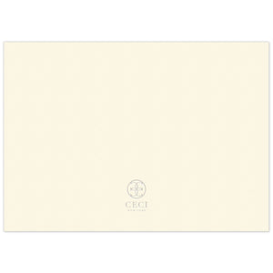 Ecru blank back of a save the date with a gray Ceci New York circle logo at the bottom.