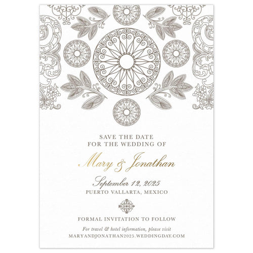 Mexican pattern of circles, leaves and scrolls at the top of the save the date. Block and script text centered on the card.