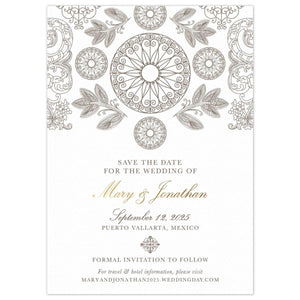 Mexican pattern of circles, leaves and scrolls at the top of the save the date. Block and script text centered on the card.